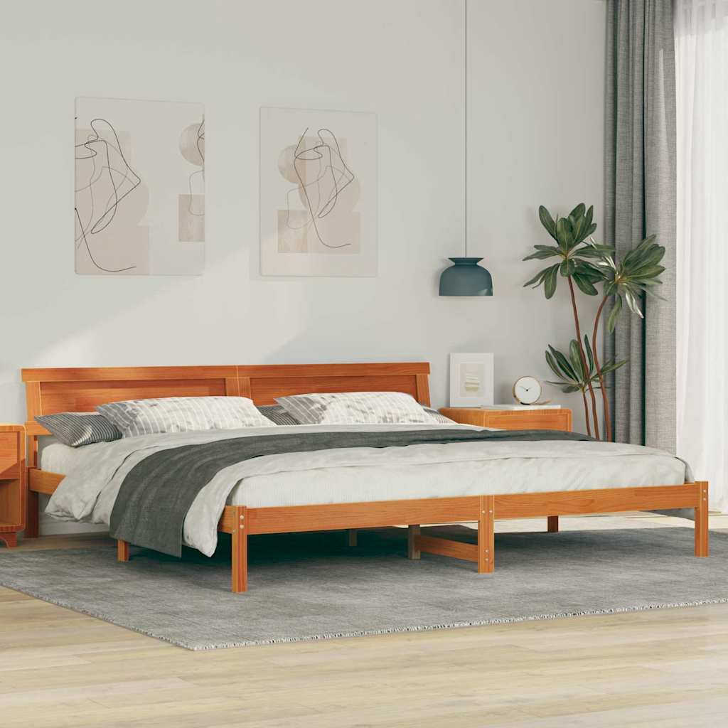 vidaXL Bed Frame with Headboard Wax Brown 200 x 200 cm Solid Pine Wood 1