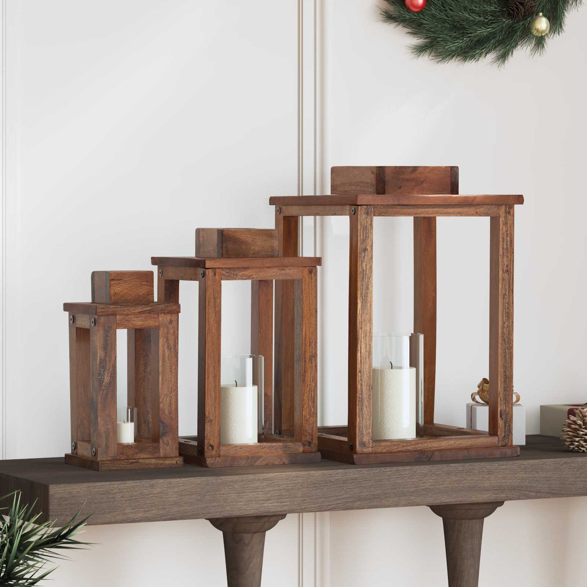 vidaXL Lantern 3 pcs Natural 30 x 30 x 44 cm Mahogany Wood 1