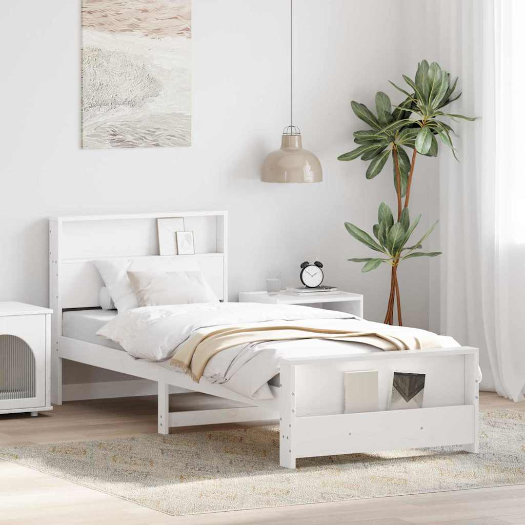 vidaXL Bed Frame with Shelf Solid Pine Wood Length 200 cm White