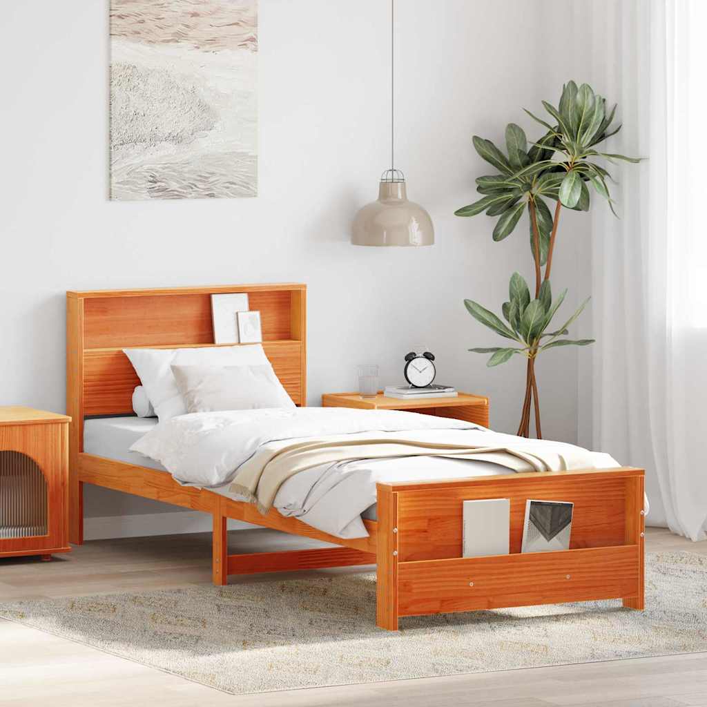 vidaXL Bed Frame with Shelf Solid Pine Wood Length 200 cm Wax Brown