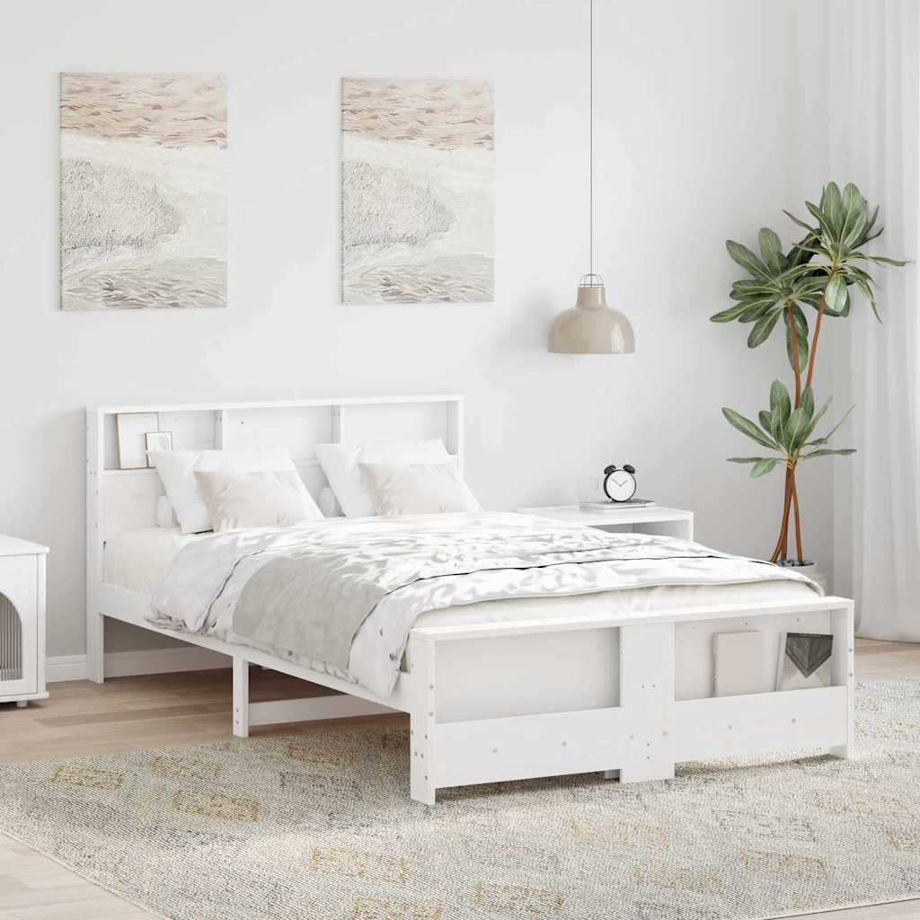 vidaXL Bed Frame with Shelf White 135 x 190 cm Solid Pine Wood 1