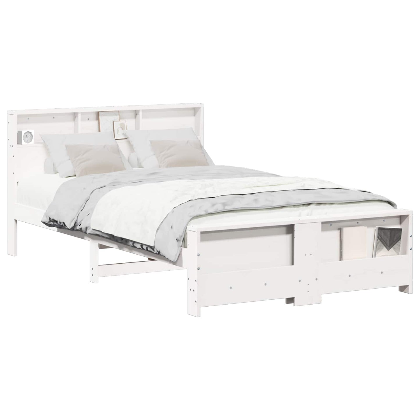 vidaXL Bed Frame with Shelf White 135 x 190 cm Solid Pine Wood 2