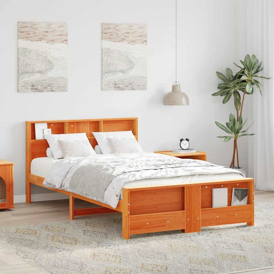 vidaXL Bed Frame with Shelf Wax Brown 135 x 190 cm Solid Pine Wood 1