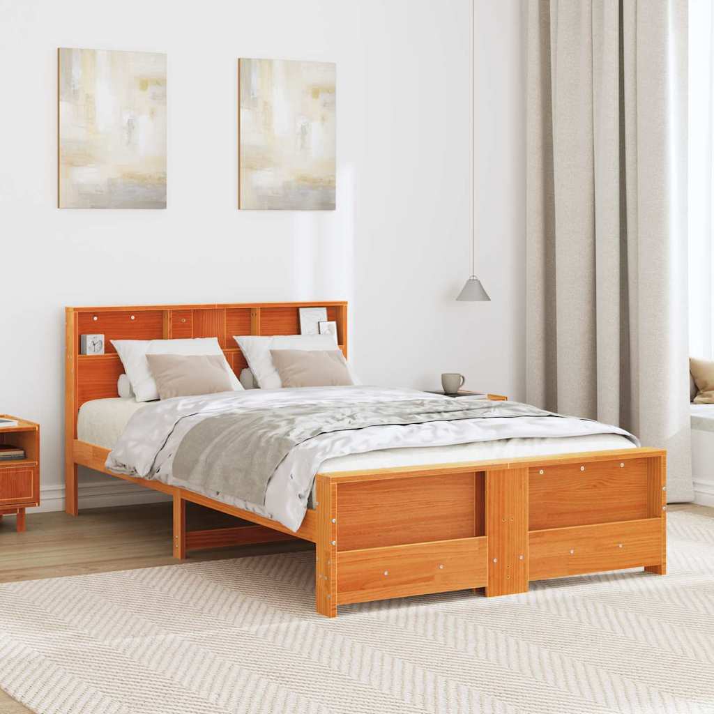 vidaXL Bed Frame with Shelf Wax Brown 135 x 190 cm Solid Pine Wood 3