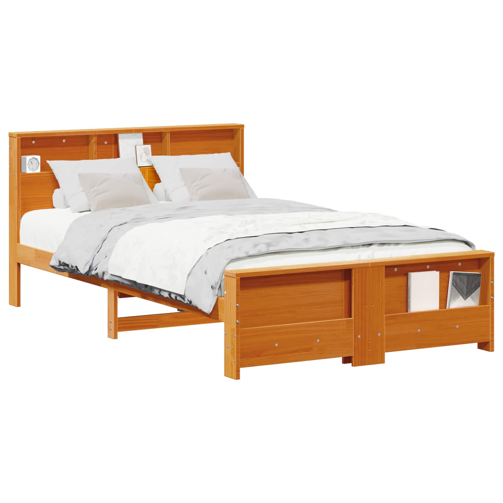 vidaXL Bed Frame with Shelf Wax Brown 135 x 190 cm Solid Pine Wood 2