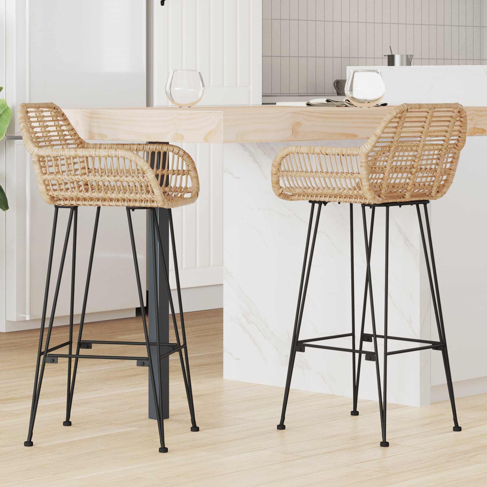 vidaXL Bar Chair 2 pcs Natural 55 x 52 x 105 cm Rattan and Iron 1