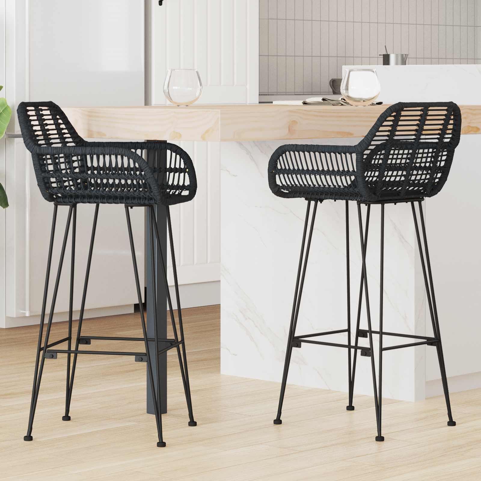 vidaXL Bar Chair 2 pcs Black 55 x 52 x 105 cm Rattan and Iron 1