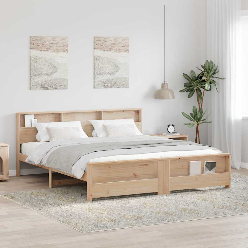 vidaXL Bed Frame with Shelf Brown 200 x 200 cm Solid Pine Wood 1