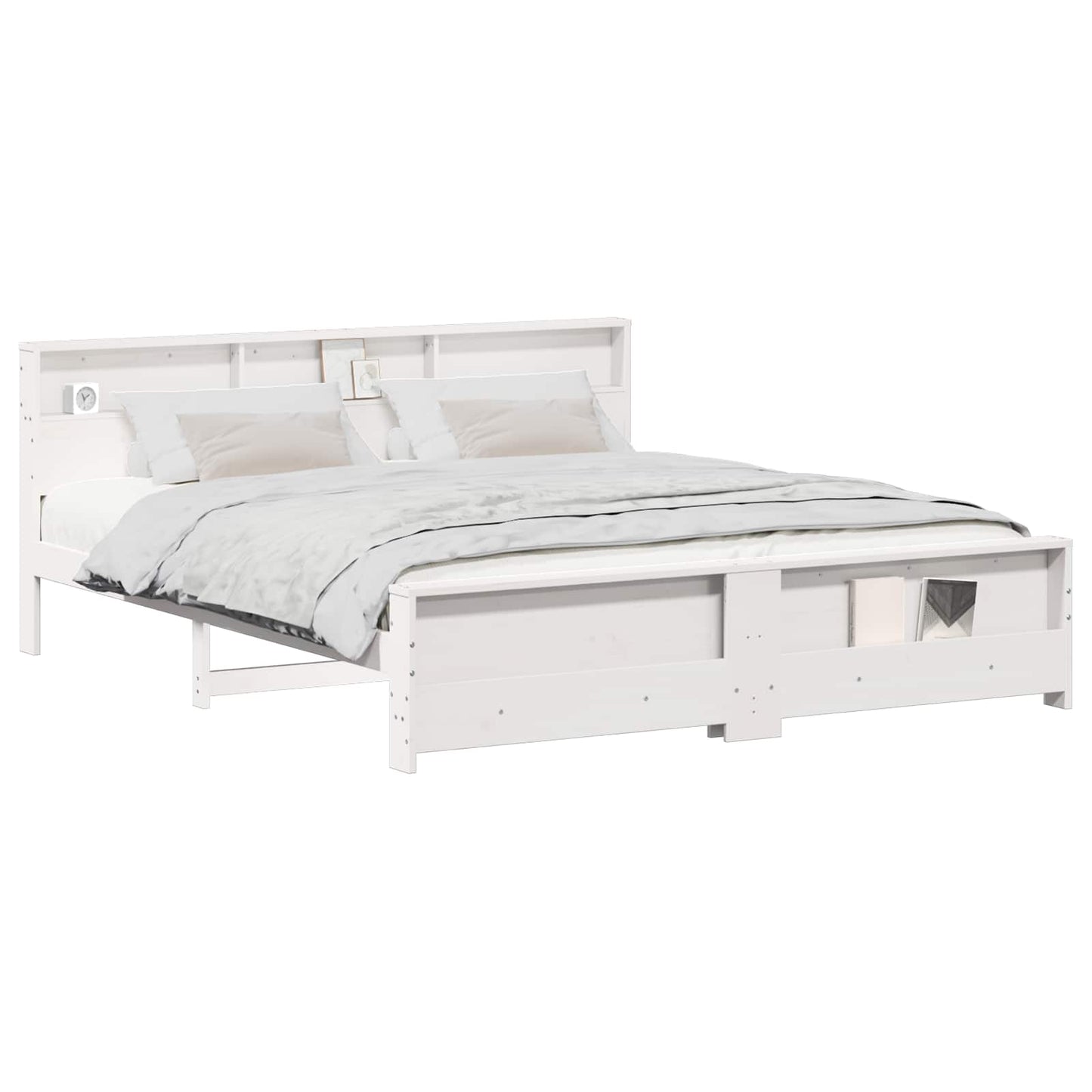 vidaXL Bed Frame with Shelf White 200 x 200 cm Solid Pine Wood 2