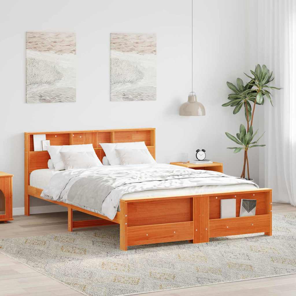 vidaXL Bed Frame with Shelf Wax Brown 150 x 200 cm Solid Pine Wood 1
