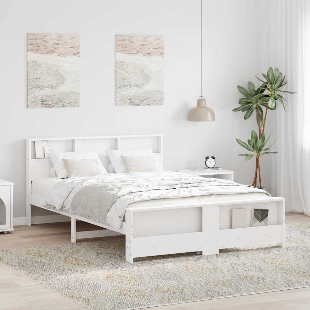 vidaXL Bed Frame with Shelf White 140 x 200 cm Solid Pine Wood 1