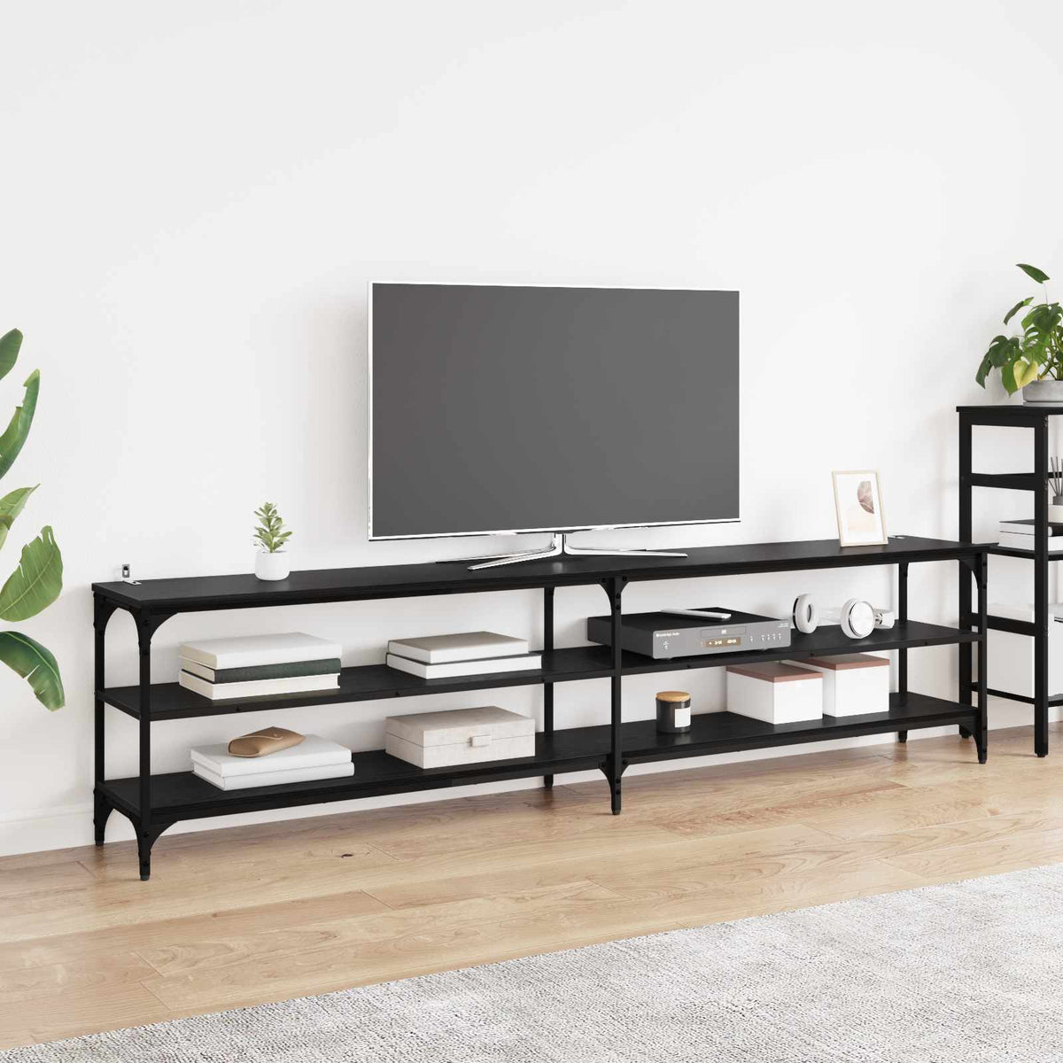 TV Cabinet 180x30x50 cm Engineered Wood and Metal Black oak 200 cm