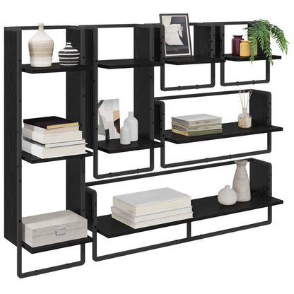 6 Piece Wall Shelf Set with Bars Engineered Wood Black oak