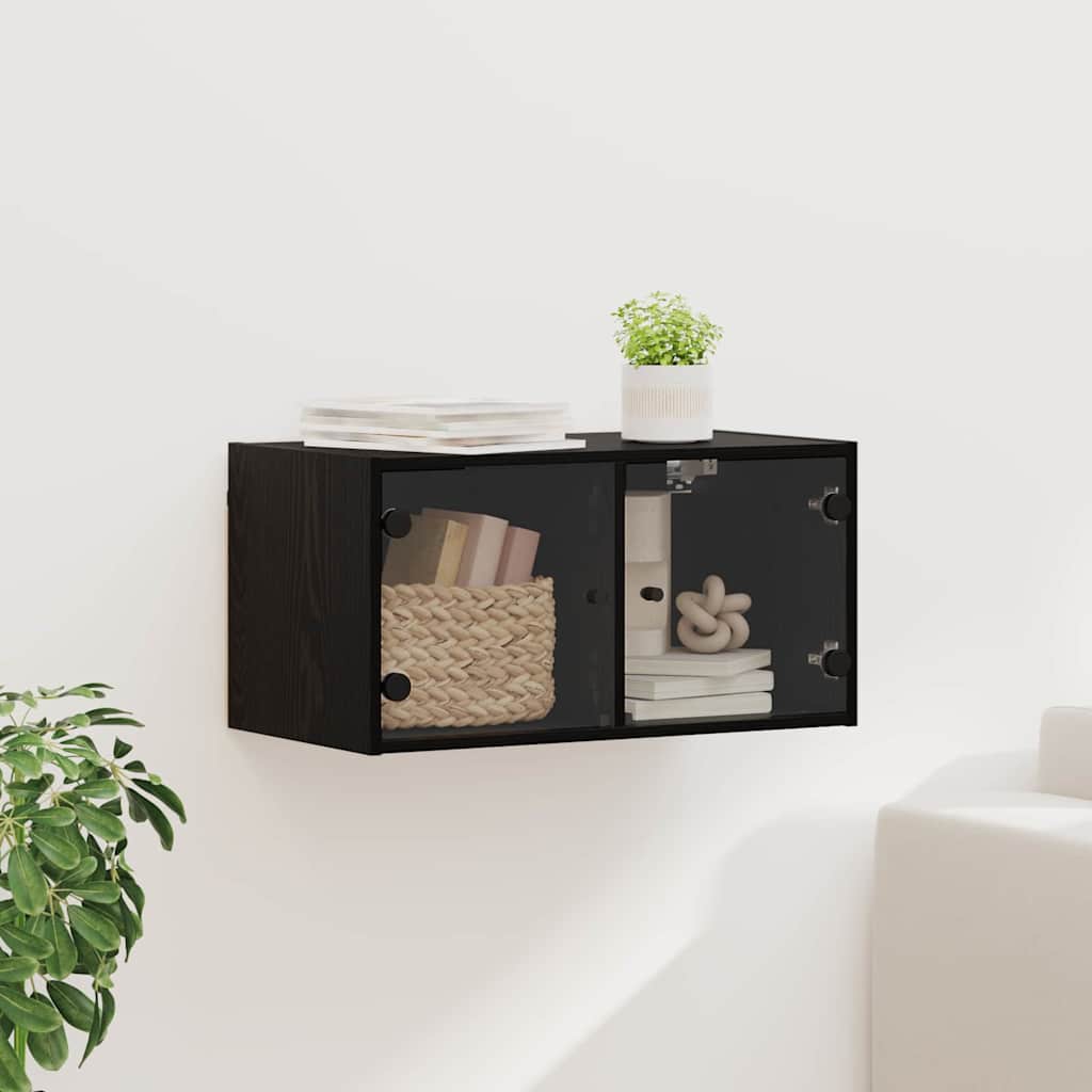 Wall Cabinet with Glass Doors 68,5x37x35 cm Black oak 1