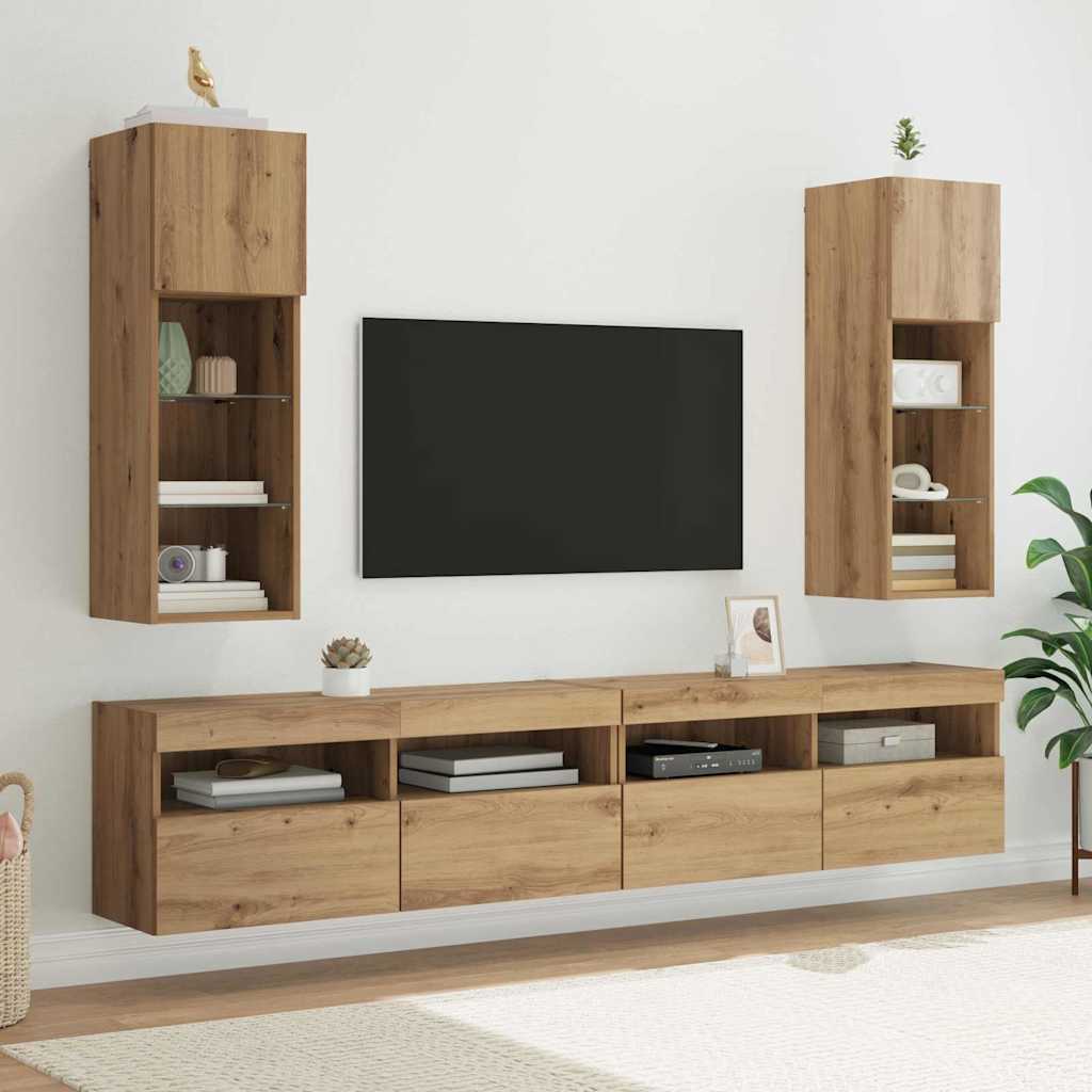 TV Cabinet Set with LED Lights 30.5x30x90 cm 2 pcs Artisan oak