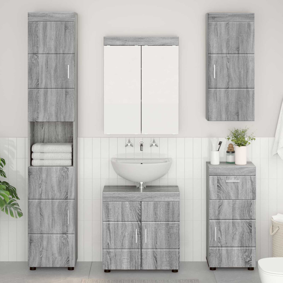 Bathroom Wall Cabinet TULUM 37 x 24.5 x 86 cm Hanging Cabinet Grey sonoma