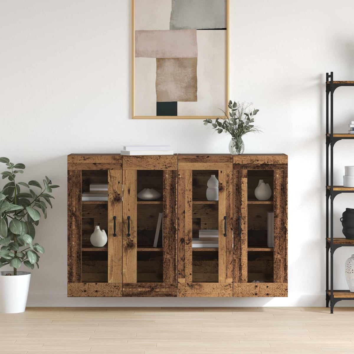 Wall Mounted Cabinets 2 pcs Engineered Wood Metal Black Old wood