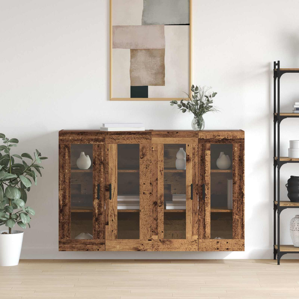 Wall Mounted Cabinets 2 pcs Engineered Wood Round Black Old wood