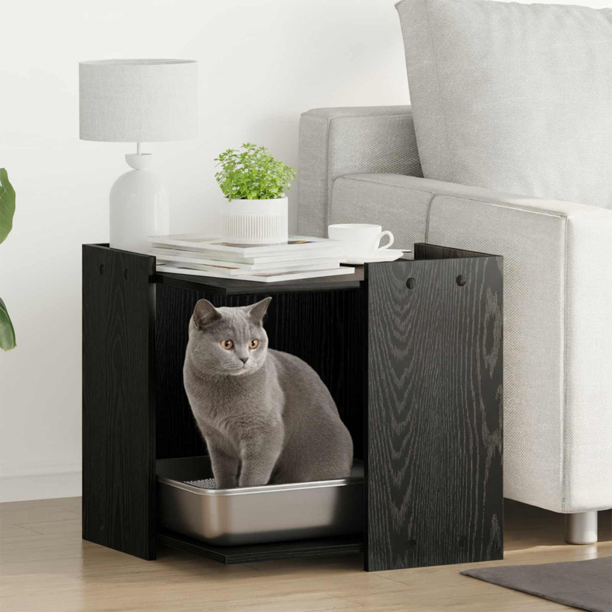 Cat Litter Box Enclosure Engineered Wood Black oak 53 cm 53 cm