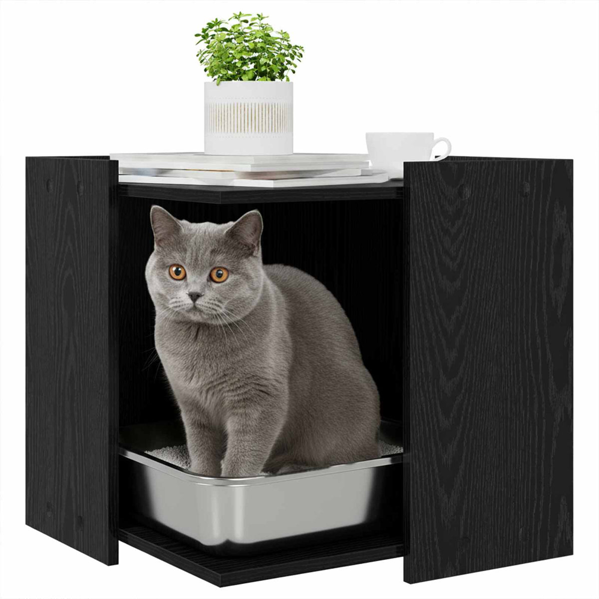 Cat Litter Box Enclosure Engineered Wood Black oak 53 cm 53 cm