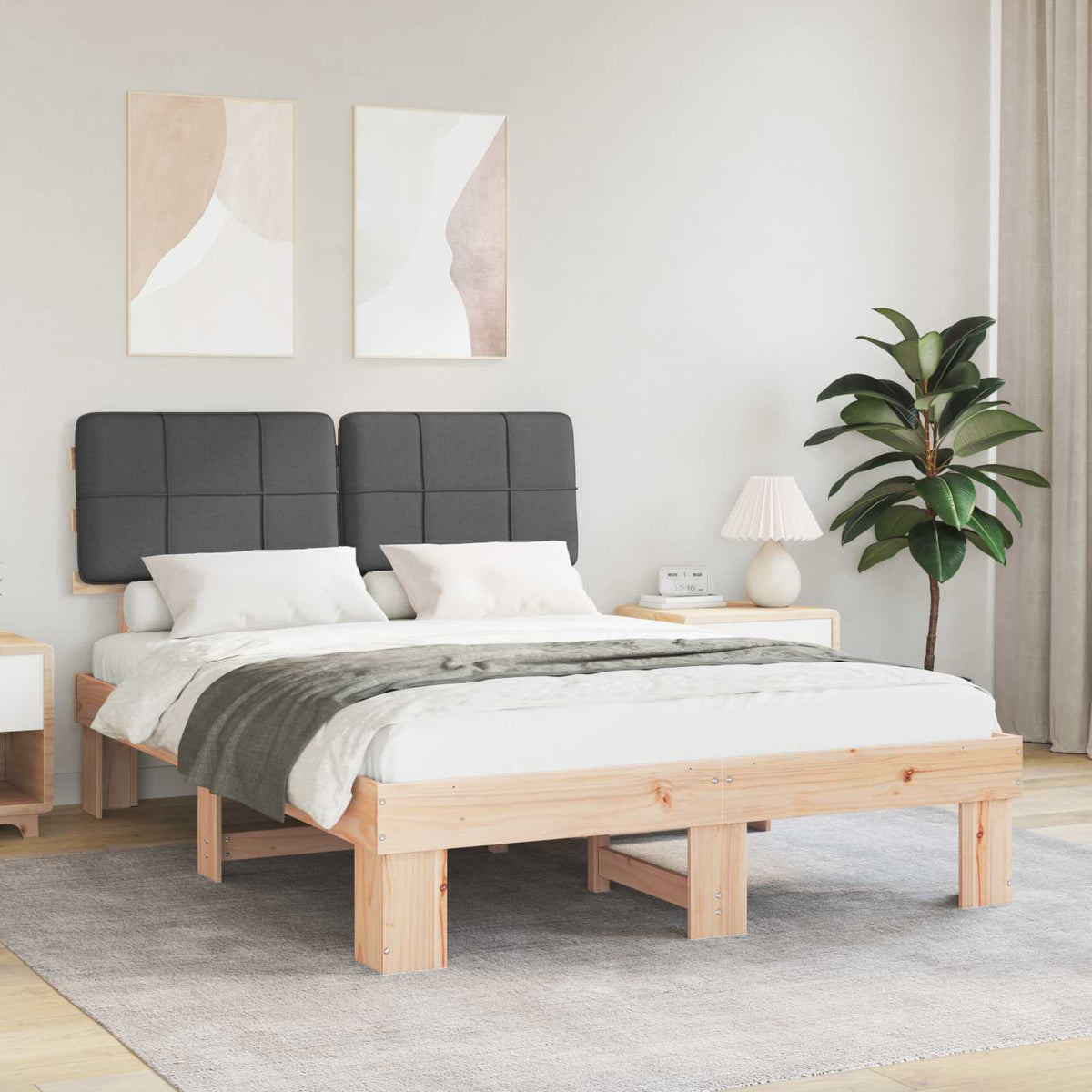 Bed Frame with Upholstered Headboard Length 200 cm Natural and Dark Grey 120 cm