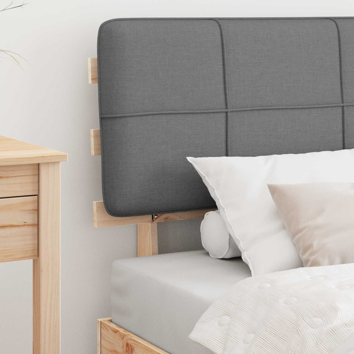 Bed Frame with Upholstered Headboard Length 200 cm Natural and Light Grey 90 cm