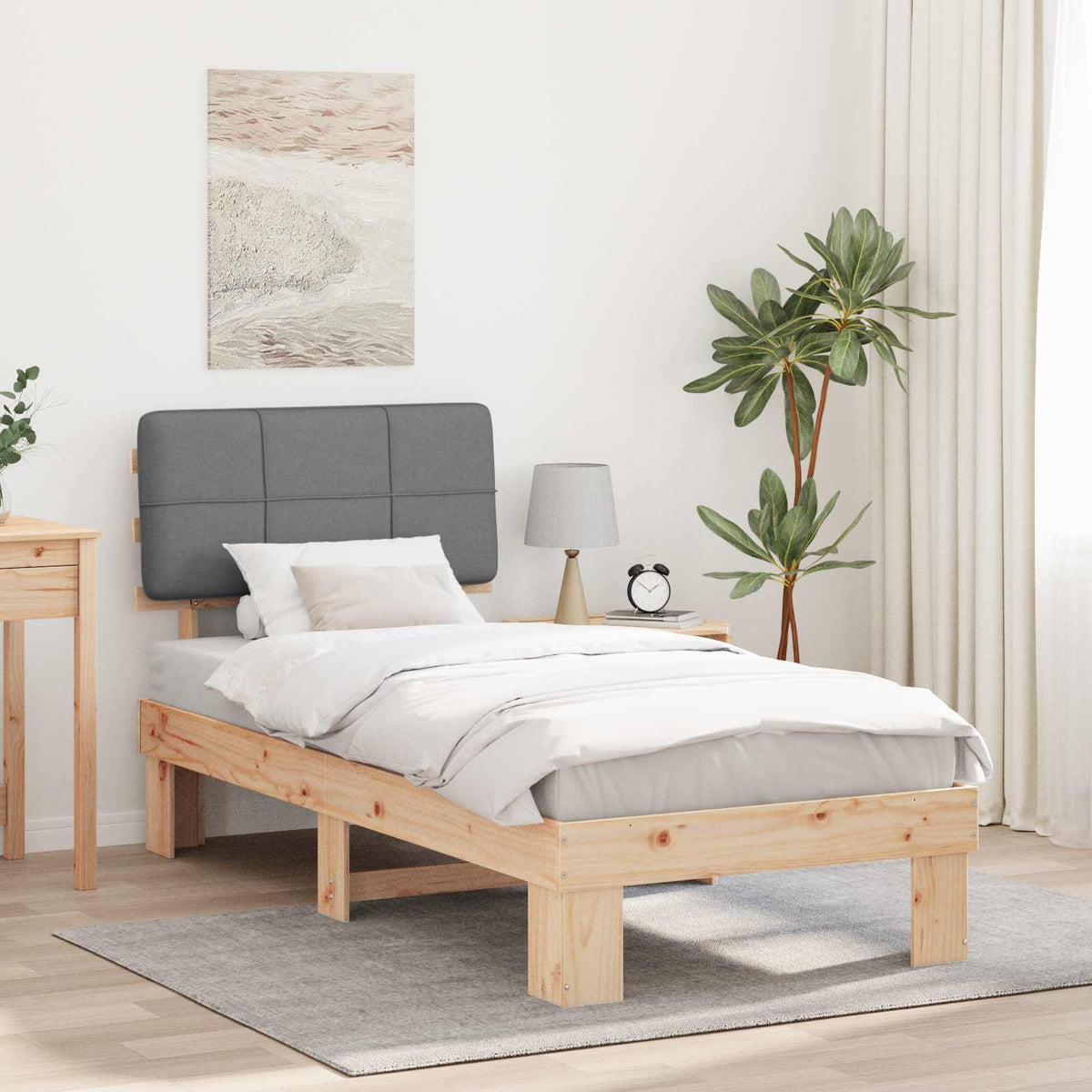Bed Frame with Upholstered Headboard Length 200 cm Natural and Light Grey 80 cm