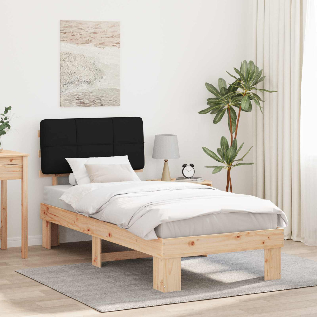Bed Frame with Upholstered Headboard Black Length 200 cm Natural and Black 80 cm