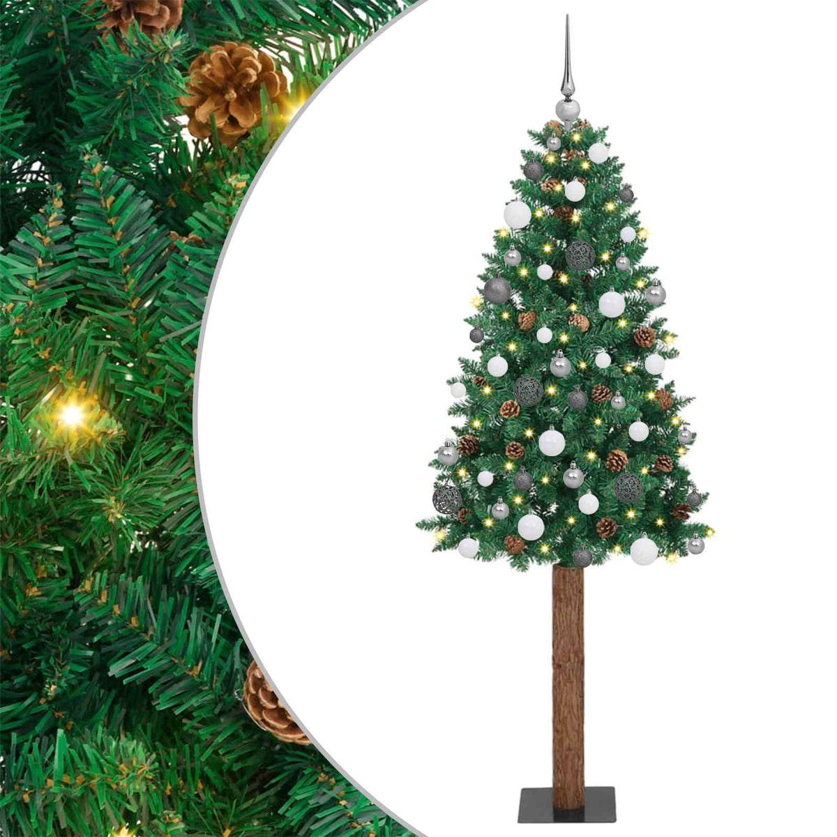 Slim Christmas Tree PVC and Solid Pine wood Green 180 cm with 120 white/grey balls