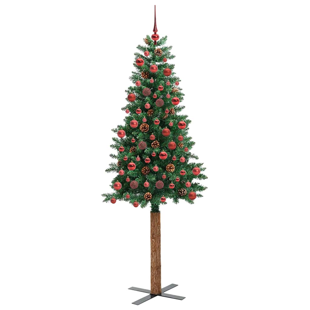 Slim Christmas Tree PVC and Solid Pine wood Green 180 cm with 120 red balls