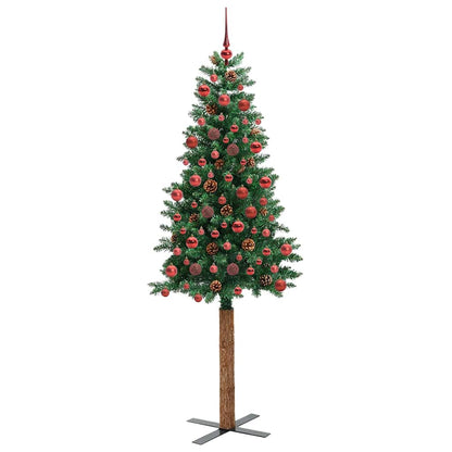 Slim Christmas Tree PVC and Solid Pine wood Green 180 cm with 120 red balls