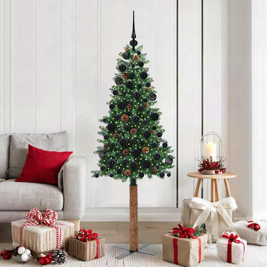 Slim Christmas Tree PVC and Solid Pine wood Green 180 cm with 120 black balls