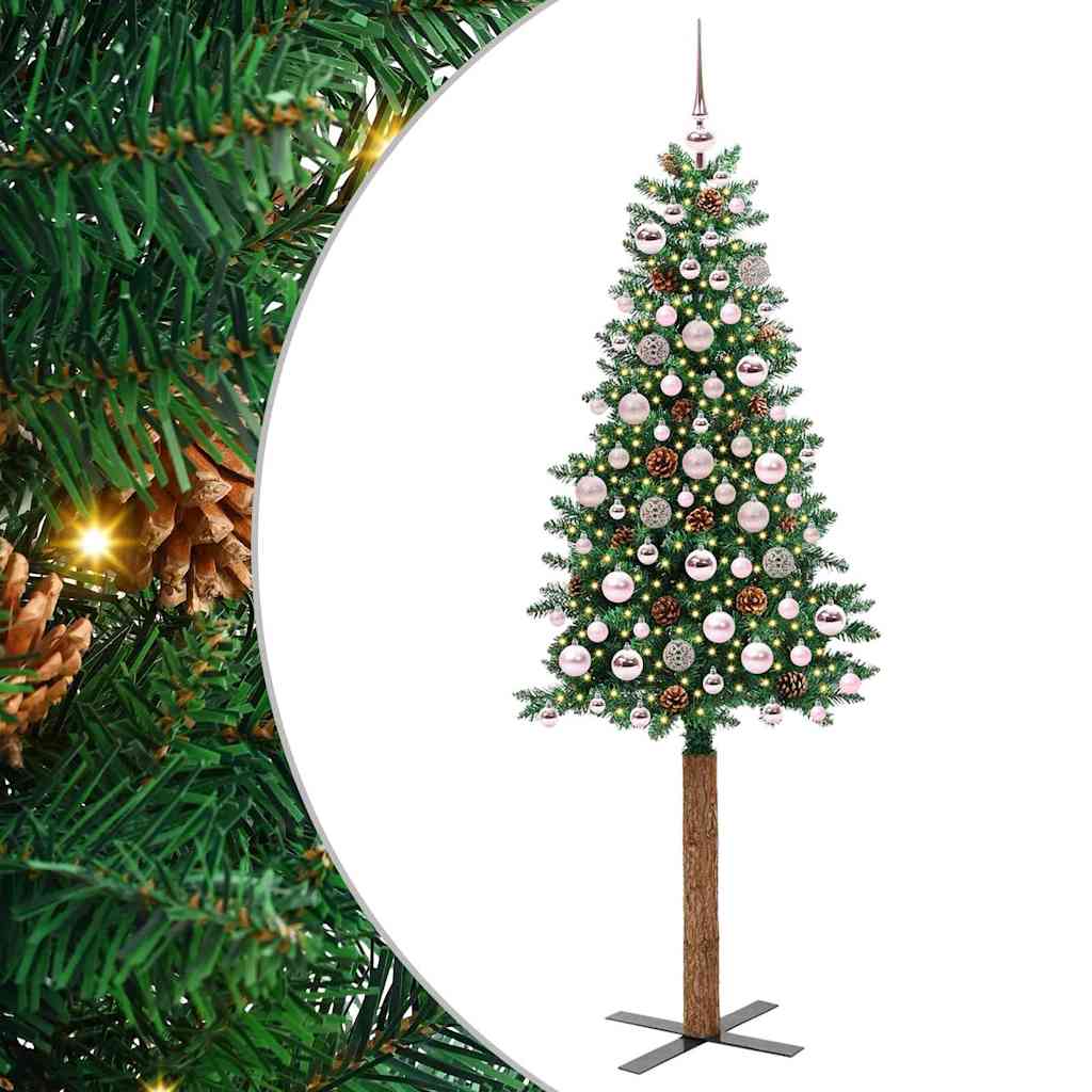 Slim Christmas Tree PVC and Solid Pine wood Green 180 cm with 120 pink balls