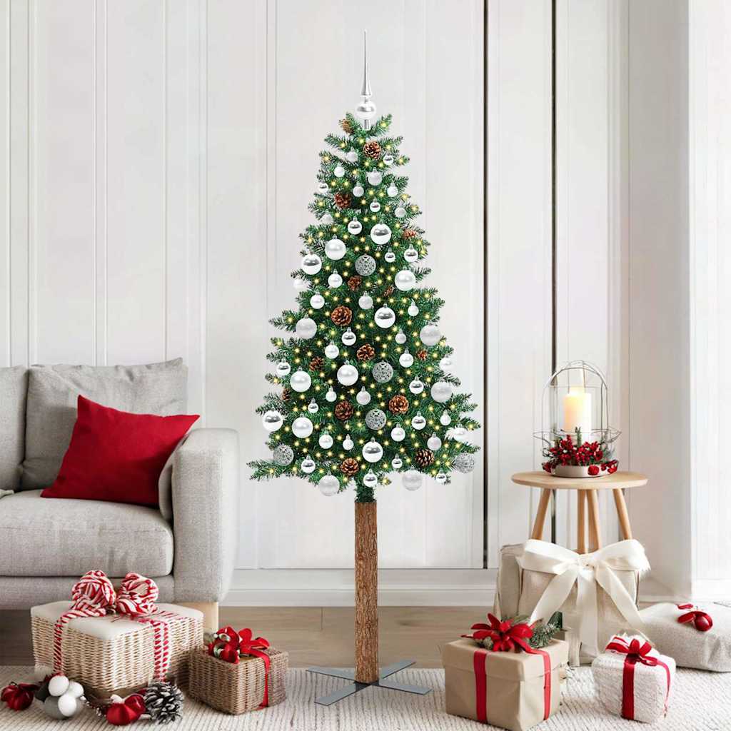 Slim Christmas Tree PVC and Solid Pine wood Green 180 cm with 120 silver balls