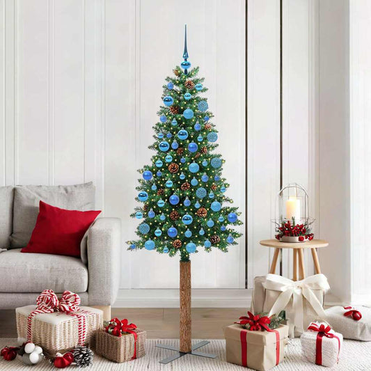 Slim Christmas Tree PVC and Solid Pine wood Green 180 cm with 120 blue balls