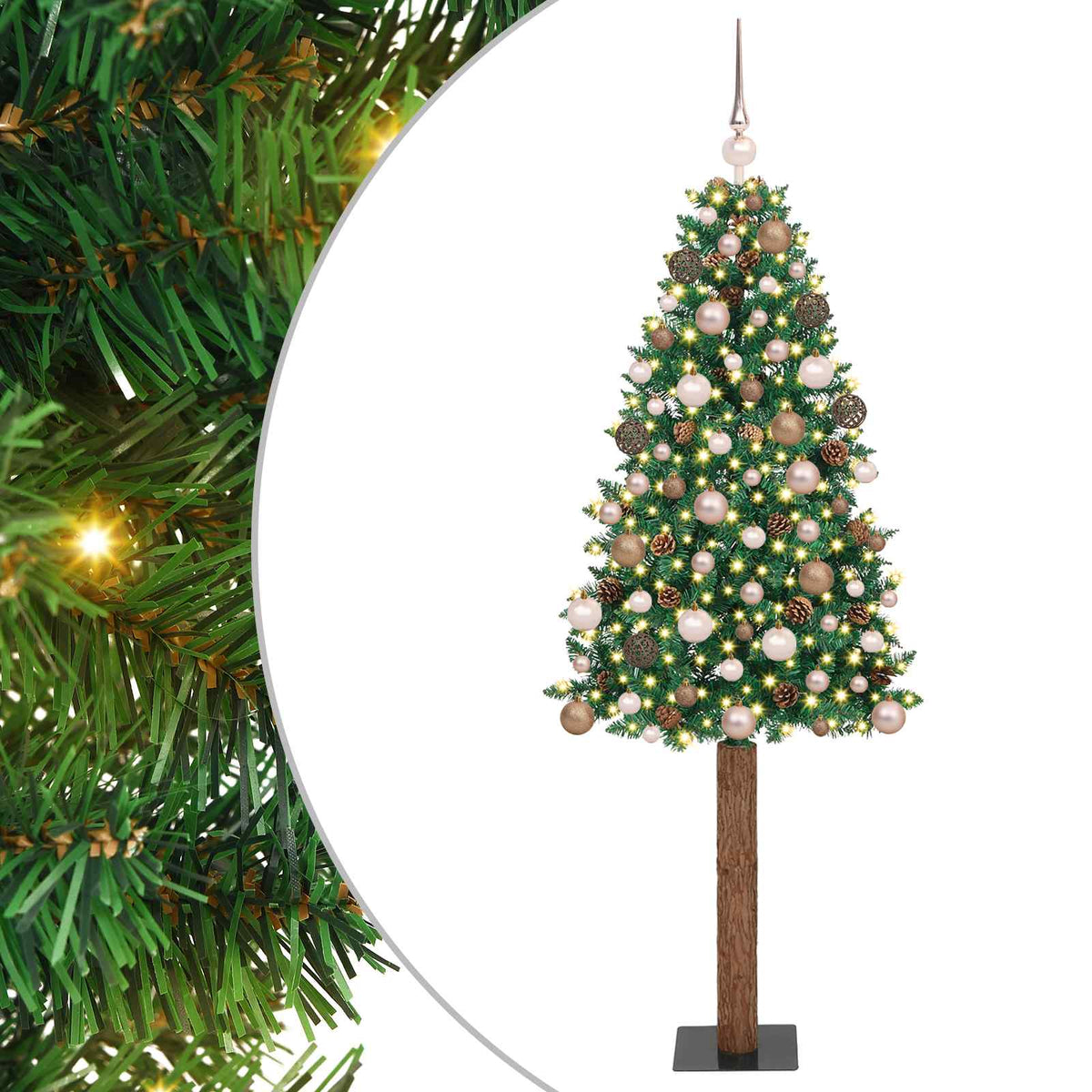 Slim Christmas Tree PVC and Solid Pine wood Green 210 cm with 120 rose gold balls
