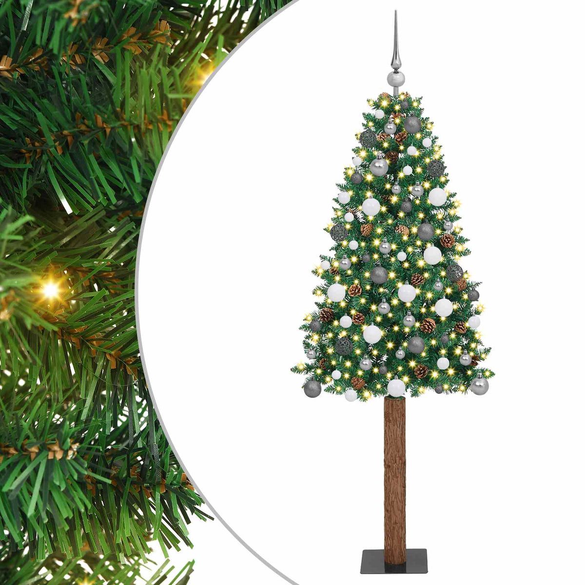 Slim Christmas Tree PVC and Solid Pine wood Green 210 cm with 120 white/grey balls