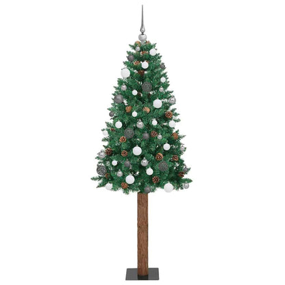 Slim Christmas Tree PVC and Solid Pine wood Green 210 cm with 120 white/grey balls