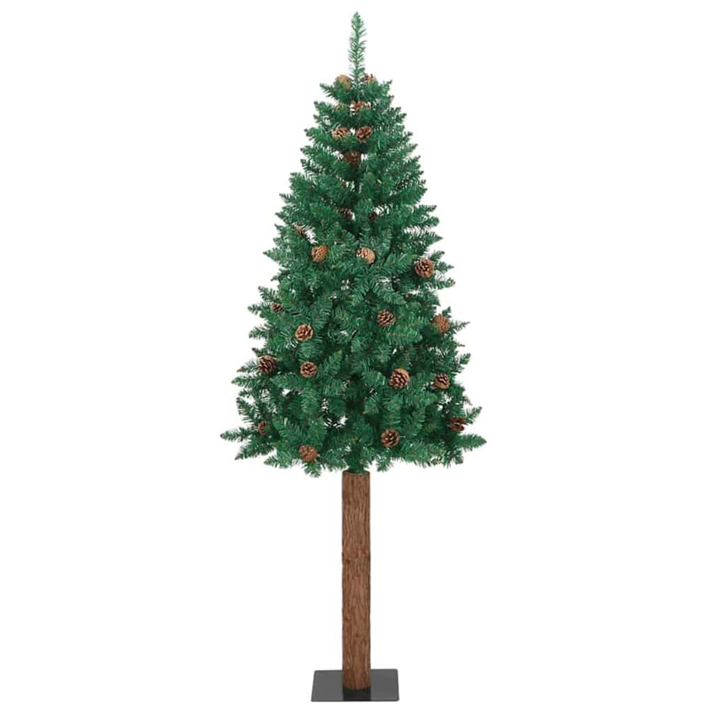 Slim Christmas Tree PVC and Solid Pine wood Green 210 cm with 120 white/grey balls