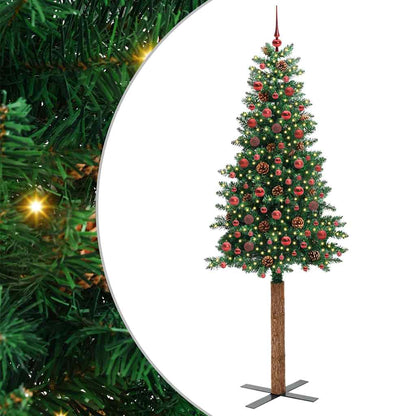 Slim Christmas Tree PVC and Solid Pine wood Green 210 cm with 120 red balls