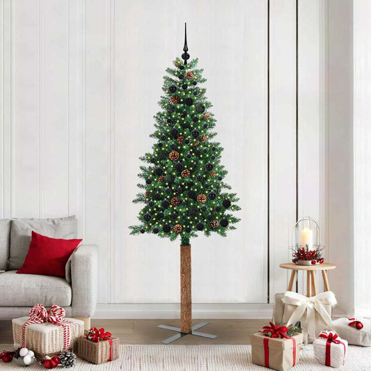 Slim Christmas Tree PVC and Solid Pine wood Green 210 cm with 120 black balls