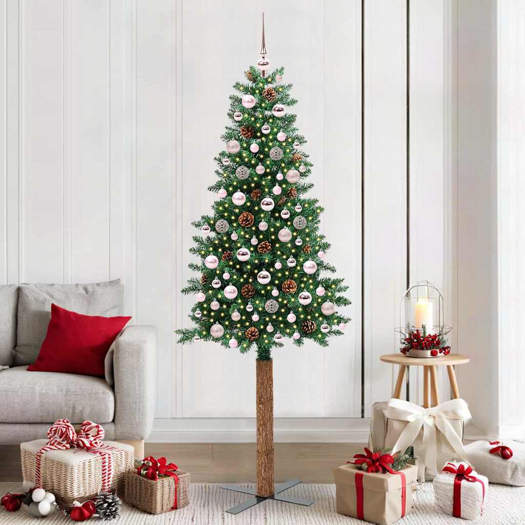 Slim Christmas Tree PVC and Solid Pine wood Green 210 cm with 120 pink balls
