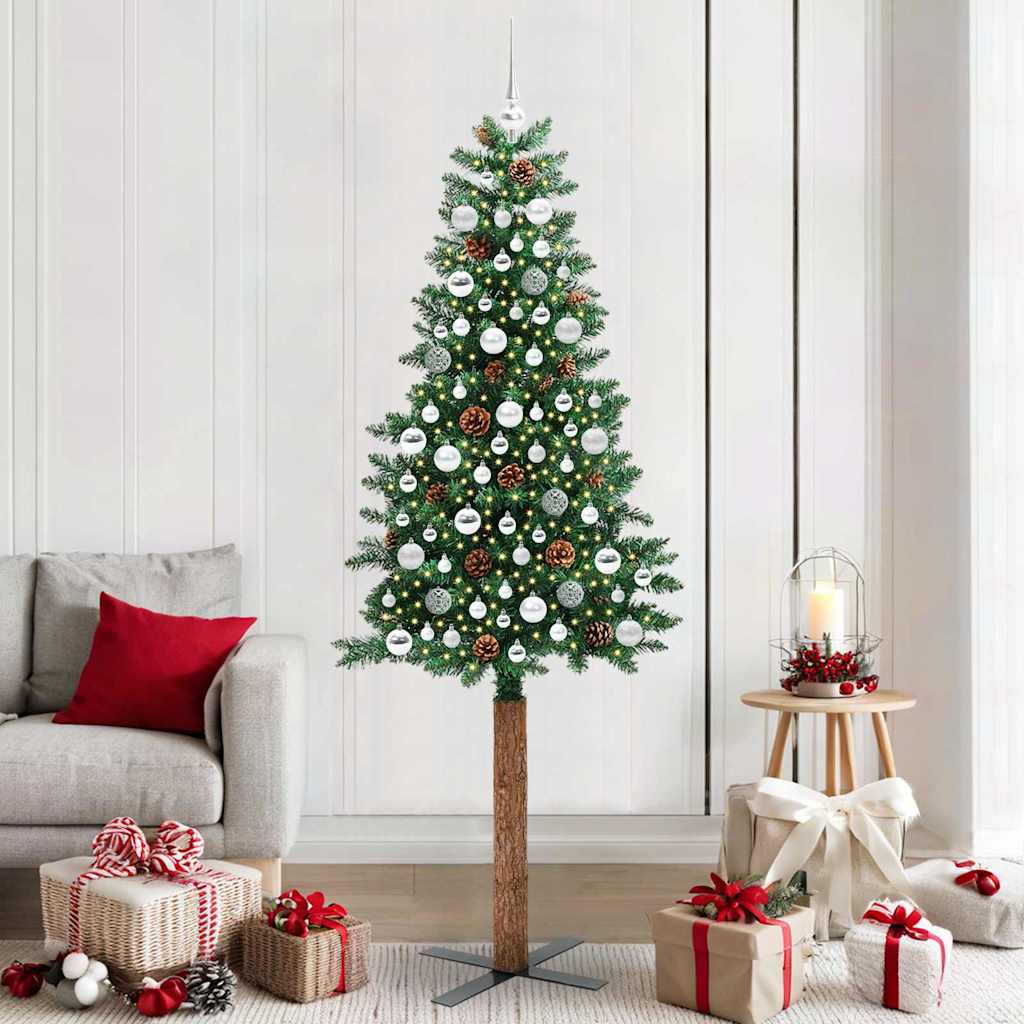 Slim Christmas Tree PVC and Solid Pine wood Green 210 cm with 120 silver balls