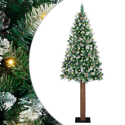 Slim Christmas Tree Green PVC and Solid Pine wood Green and White 180 cm without baubles