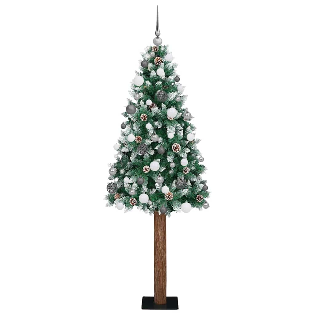 Slim Christmas Tree Green PVC and Solid Pine wood Green and White 180 cm with 120 white/grey balls