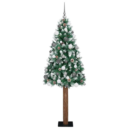 Slim Christmas Tree Green PVC and Solid Pine wood Green and White 180 cm with 120 white/grey balls
