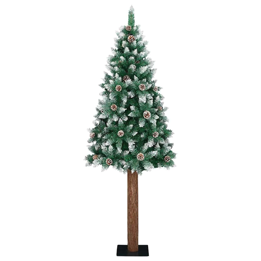 Slim Christmas Tree Green PVC and Solid Pine wood Green and White 180 cm with 120 white/grey balls