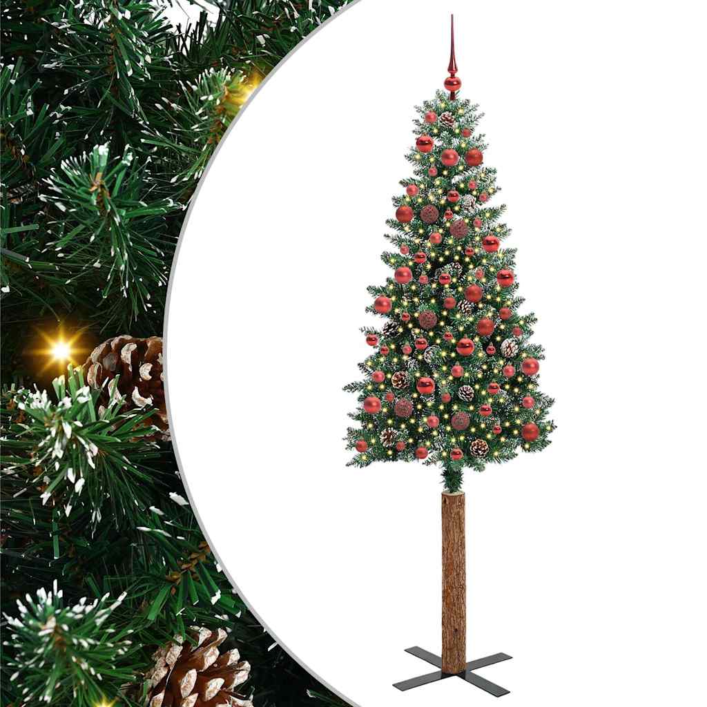 Slim Christmas Tree Green PVC and Solid Pine wood Green and White 180 cm with 120 red balls