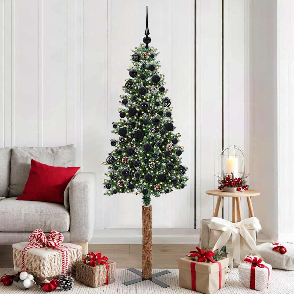 Slim Christmas Tree Green PVC and Solid Pine wood Green and White 180 cm with 120 black balls