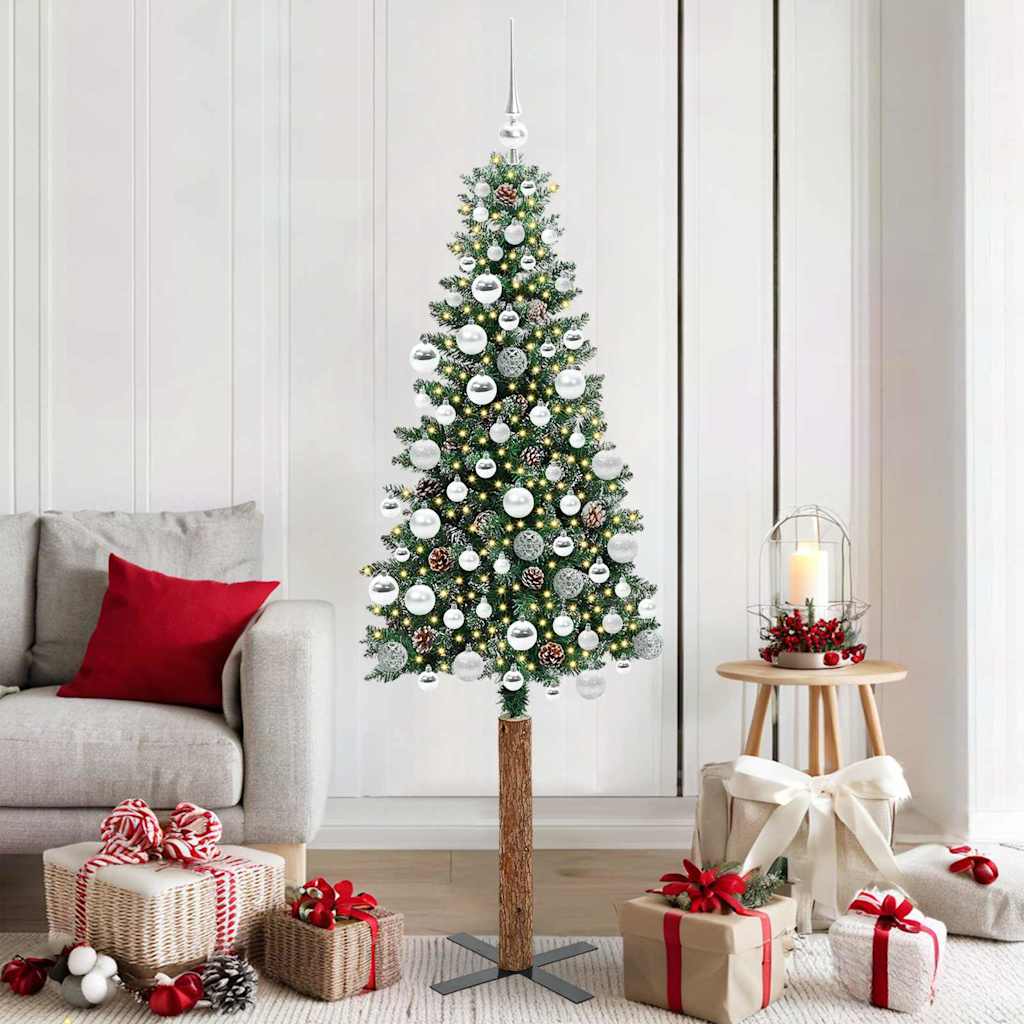 Slim Christmas Tree Green PVC and Solid Pine wood Green and White 180 cm with 120 silver balls
